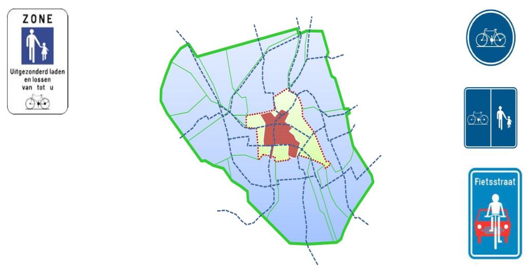 Figuur 24. Centrum meer doorwaadbaar maken voor voetgangers en fietsers 6.4.2.4 Niveau voetgangersgebied De huidige grenzen van het voetgangersgebied staan onder druk.