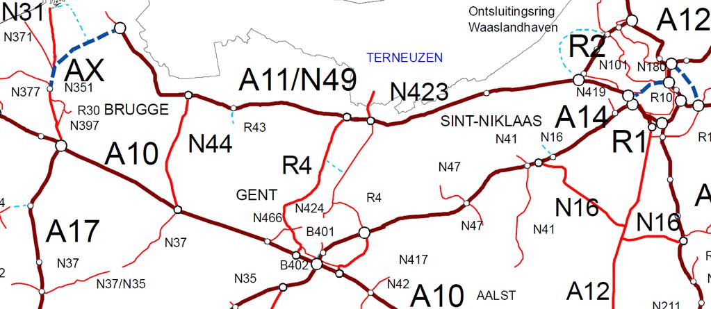In de omgeving van Gent zijn in het Ruimtelijk Structuurplan Vlaanderen drie hoofdwegen geselecteerd die samen de maas Brugge Antwerpen Gent vormen : 1. A11 (AX + E34): Brugge - Antwerpen 2.