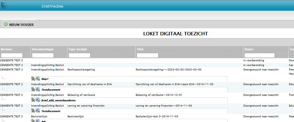 3.3. Overzichtspagina Loket Digitaal Toezicht Op de overzichtspagina krijgt u een overzicht van alle dossiers die al werden gestart (maar nog niet zijn afgewerkt = In voorbereiding) of die als werden