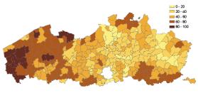 Aandeel landbouwgrond per gemeente (Vlaanderen, in % t.o.v.