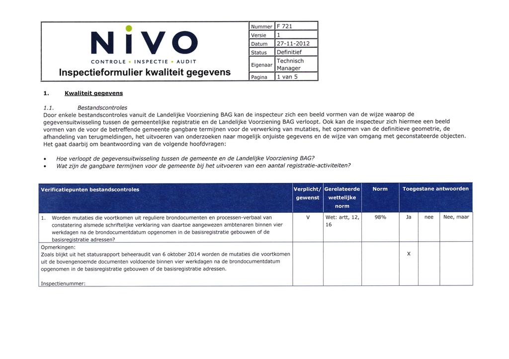 CONTROLE INSPECTIE - AUDIT Inspectieformulier kwaliteit gegevens F 72 Technisch Manager van 5. Kwaliteit gegevens.