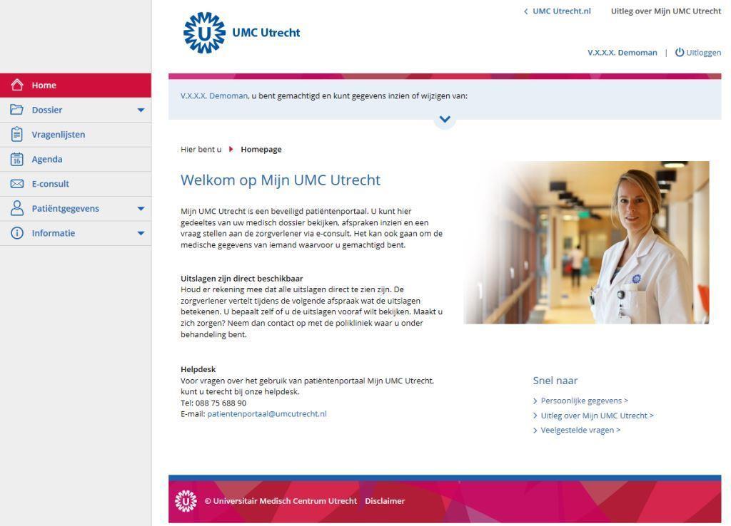 3.1 Home Klik op Uitleg over Mijn UMC Utrecht voor een toelichting op het patiëntenportaal. Rechts bovenin kunt u uitloggen.