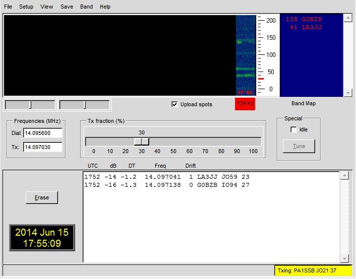 Software en setup TX mode: Tijdens TX mode wordt call, grid en power uitgezonden.