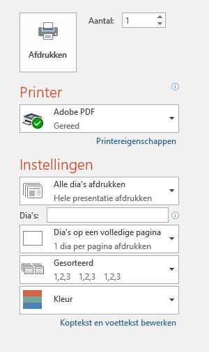 4. Presentatie afdrukken Iets afdrukken kun je op verschillende manieren doen: Klik op Afdrukken Of via de sneltoets CTR-P Het venster Afdrukken verschijnt: Je kunt hier een aantal zaken instellen,