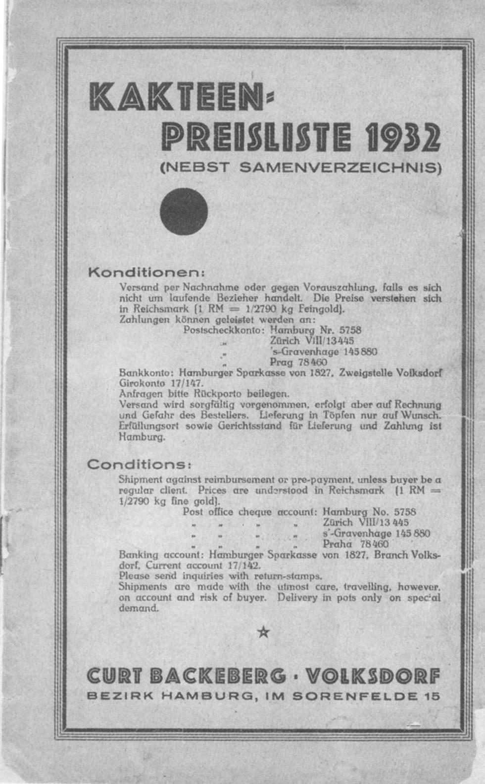 Afb. 2: Omslag van Backebergs Kakteenpreisliste uit 1932 gevoelsverschillen tussen beide geslachten in woorden te vatten.