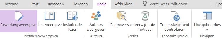 les 4 OneNote 2016 Uiterst rechts, met Navigatieopties stel je in of Secties en pagina's of alleen Pagina's worden weergegeven.