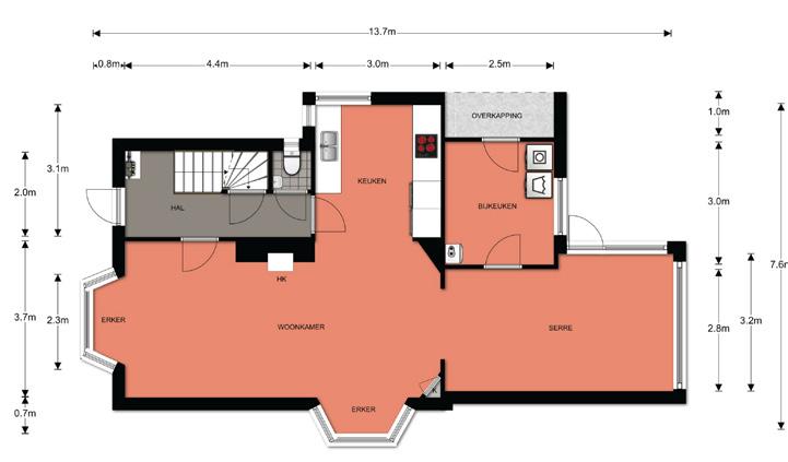 alternatieve plattegrond begane grond Op deze plattegrond kunt u zien hoe de ruimte er uit kan komen te zien als u de muur tussen woonkamer en keuken verwijderd.