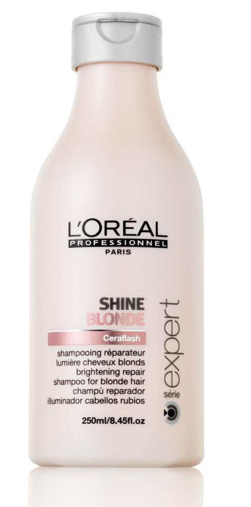 SHINE BLONDE - SILVER Herstellende glansshampoo shine blond Luminositeit, neutralisering van het warme karakter glans voor blonde haren CERAFLASH: Een gloednieuwe associatie: CeramideR + lichtgevend