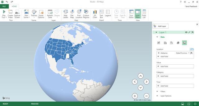 Aantrekkelijke geografische visualisaties met 3D kaarten The Power Map tool heet nu 3D Kaarten en is ingebouwd in Excel 2016.