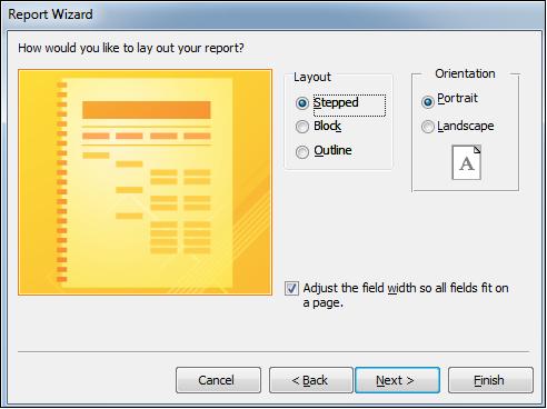 104 Klik één voor één in de keuzerondjes voor de opties onder Layout en bekijk de veranderingen in het voorbeeldvak Selecteer de optie Stepped Onder Orientation kunt u aangeven of het rapport