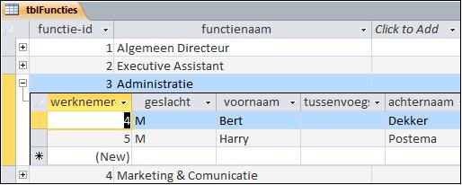 147 Sluit de tabel tblfuncties en open de tabel tblwerknemers Bij de record van bijvoorbeeld Bert Dekker staat de functie Administratie. Toch staat dat er niet echt.