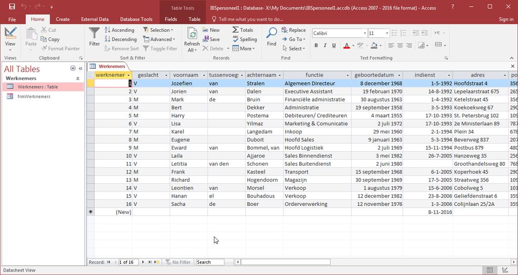 24 Helemaal bovenin het venster vindt u een gekleurde balk met daarin de naam van de database, in dit geval IBSPersoneel1: Database (Access 2007 2016 file format).