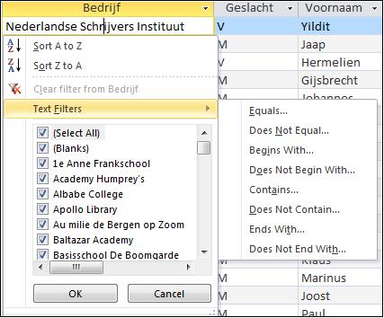 79 Aangepaste filters Tot nu toe heeft u gefilterd op waarden die u in een veld ziet staan. Dat is niet altijd mogelijk. Soms wilt u de tekst of andere waarde van het filter zelf invoeren.