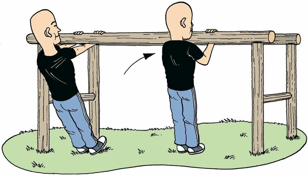 !! Extra tip: trek je navelbuik in. Oefening 4: Je gaat aan de balk hangen, duimen naar buiten en armen gestrekt.
