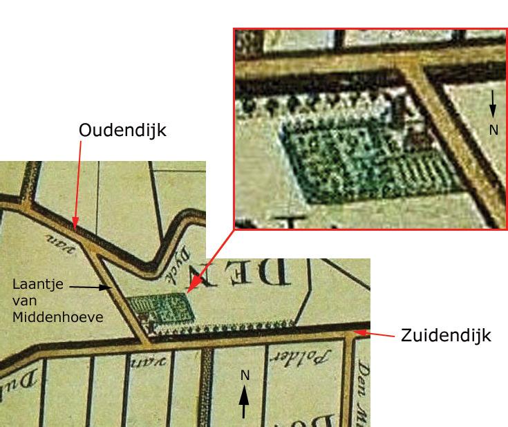 Laantje van Middenhoeve 6, Dordrecht Ondergronds 66 Afb. 4. Het plangebied bij benadering weergegeven op een (anonieme) kaart uit 1631. De Zuidpolder is gerealiseerd door de aanleg van de Zuidendijk.