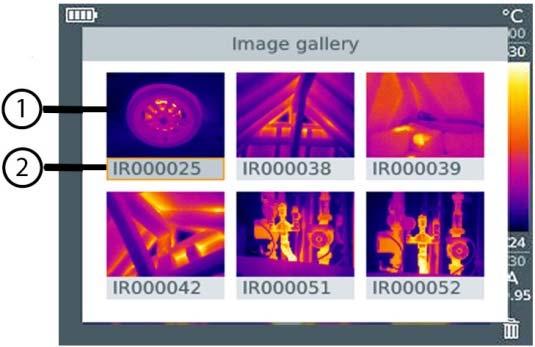 7 Meting uitvoeren 7.3 Fotogalerij Opgeslagen beelden kunnen weergegeven, geanalyseerd of verwijderd worden.