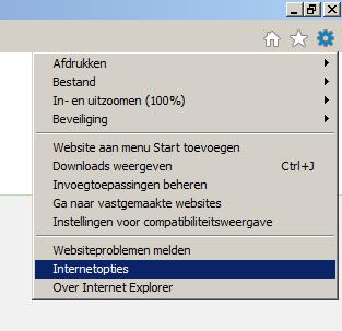 Internet Explorer: Klik op rechts bovenin op het