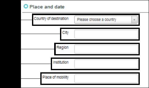 1.4.4. Tabblad Mobilities Op het tabblad Mobilities moet je informatie invullen over het land en de plaats waar je naar op reis gaat.