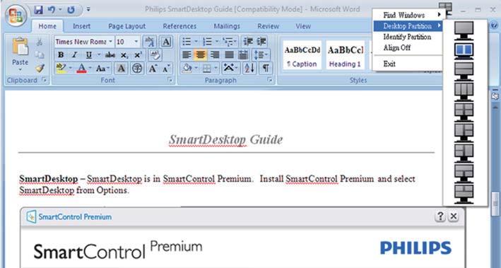 Titelbalkopties Desktop Partition (Bureaubladpartitie) is toegankelijk via de titelbalk van het actieve venster.