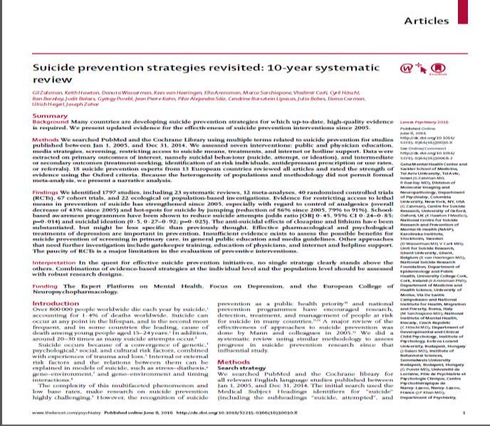 Recente relevante overzichts artikelen Suicide prevention strategies revisited: 10-year systematic review (Zalsman et al, 2016) -