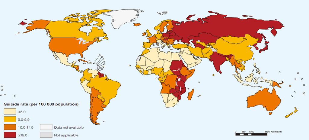 IASP-WHO Internationale Survey mbt Suicide en Suicidepreventie (2013-2014) Survey verstuurd aan IASP leden en representatives in 157 landen 90 vragenlijsten