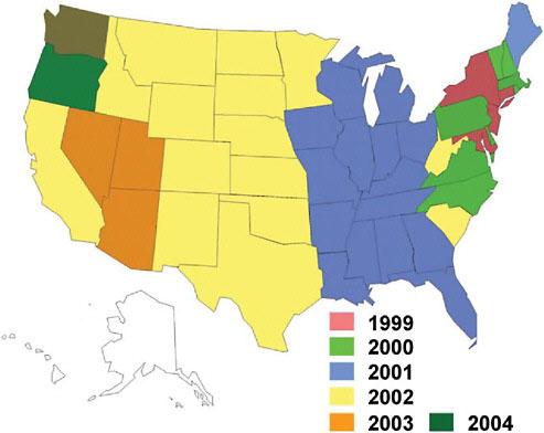 Verspreiding van het West Nile virus Introductie in de VS in 1999 via vogels.