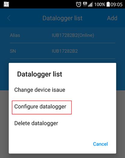 Figuur 8 Datalogger List Klik hier op Configure datalogger. U wordt hierop doorgestuurd naar de ShineWiFi Configuration - pagina zoals in figuur 9.