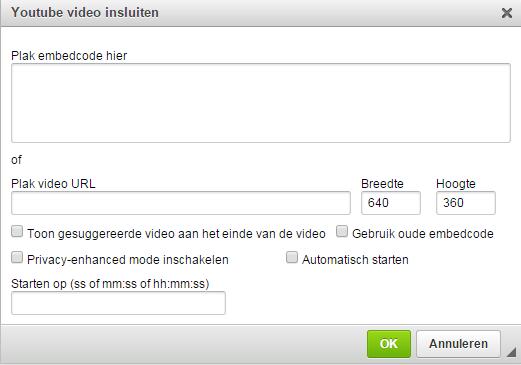 Met de knop kun je een YouTubevideo op je pagina zetten. Je kunt een embedcode invullen of een video URL.