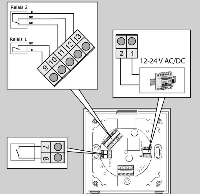 Montage van de wandlezer Figuur 6, Aansluitingen WT-I 1 Schroefklem voor stroomvoorziening 12... 24 V AC/DC 2 Schroefklem voor stroomvoorziening 12.