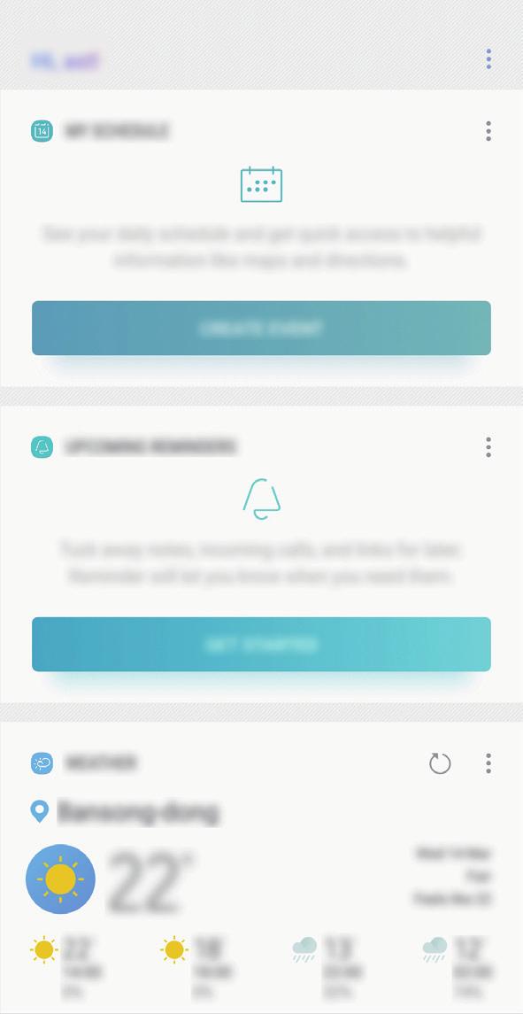 Apps en functies Bixby Home Op Bixby Home kunt u aanbevolen services en informatie bekijken die Bixby aanbiedt door uw gebruikspatronen en uw routine te analyseren.
