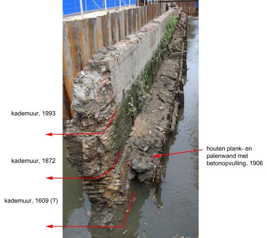 Op de tweede dag zijn de vrijgegraven resten van de verschillende fases van de kademuur en de houten teenwand gedocumenteerd. 5.