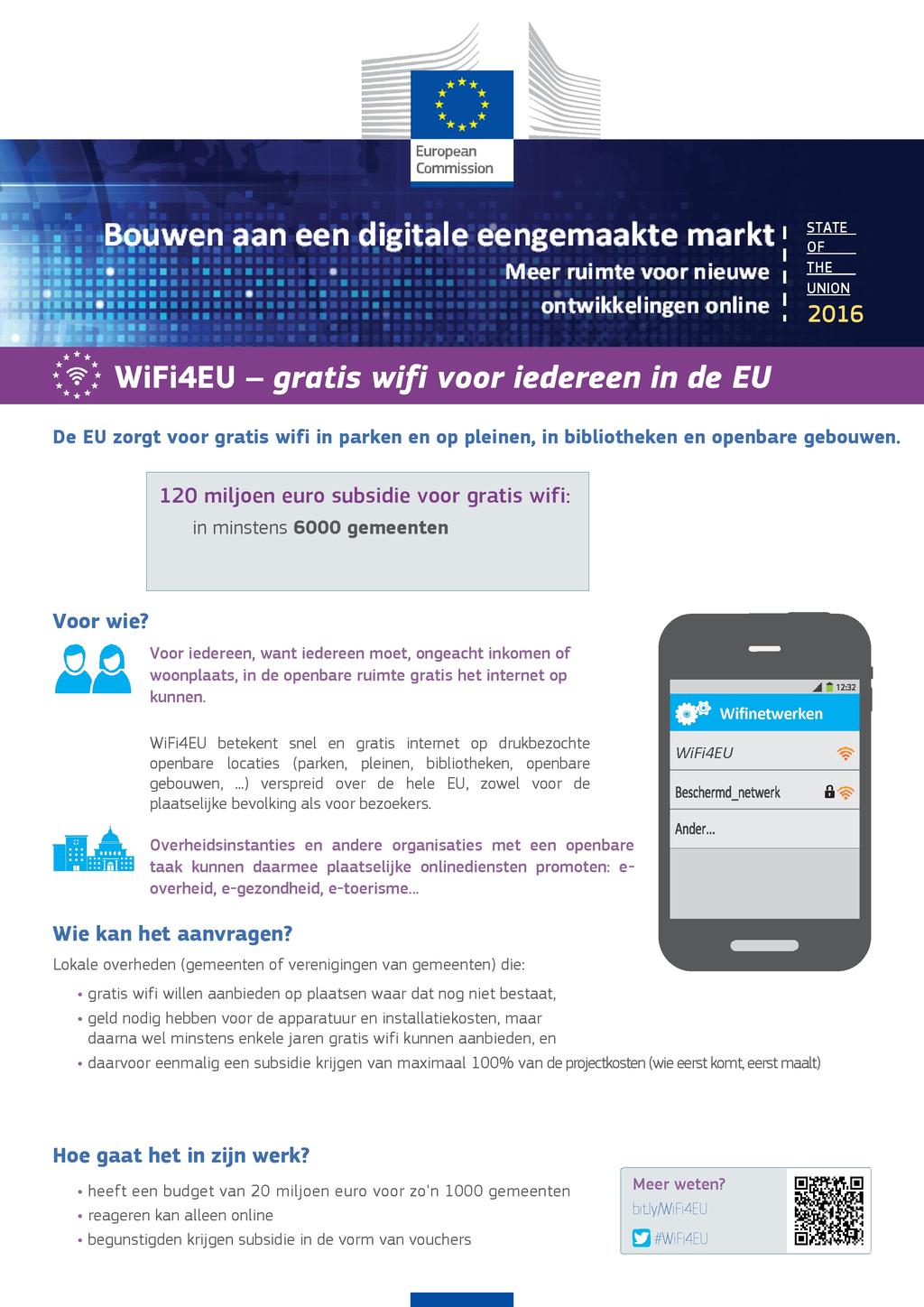 European Commission Bouwen aan een digitale eengemaakte markt I I Meer ruimte voor nieuwe i STATE OF THE UNION ontwikkelingen online 1 2016 WiFi4EU - gratis wifi voor iedereen in de EU De EU zorgt