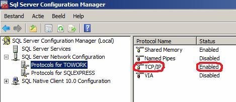 Afhankelijk van hoe je het heb genoemd, zet bij de "Protocols" de "TCP/IP" op "Enabled" Controleer vervolgens of bij "SQL Server