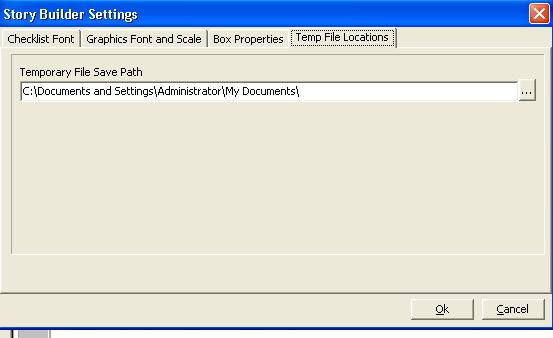 6. Gebruik het tabblad Temp File Locations om de bewaarplek van de tijdelijke Story Builder Lite bestanden te veranderen. Dit is nuttig voor gebruikers met beperkte toegangsrechten.