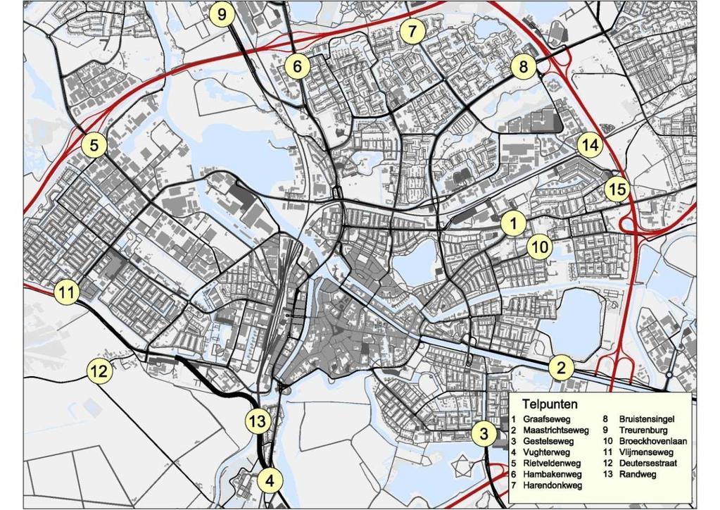 Figuur 6.1, telpunten toegangswegen Tussen 2000 en 2009 is de intensiteit op de toegangswegen van s-hertogenbosch vrij stabiel gebleven, niet meer dan 3% meer of minder verkeer dan in 2000.