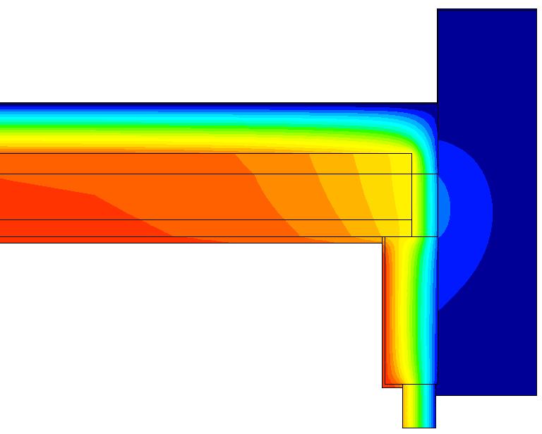 (Ti-Te) 20 C Condensatie als RH > 84 % Opmerkingen De basis van het detail 'aansluiting gevel - plat dak' wordt hier hernomen. Bijkomend wordt een raamaansluiting aangebracht.