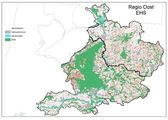 1.7 Ecologische Hoofdstructuur De onderstaande kaart toont de Ecologische Hoofdstructuur (EHS) in regio Oost. Het aantal bedrijven met vee wordt ook weergegeven. In Gelderland valt de Veluwe op.