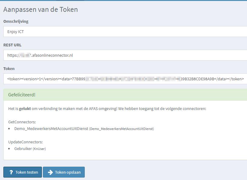 d. Token: Plak hier de token die is gemaakt in AFAS 4.