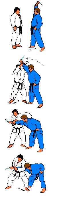 18. Kirikomi ( neerwaartse mesuithaal ) Na oefening 17 brengt Uke de tanto aan de linkerkant van zijn lichaam bij zijn linkerheup tussen de Obi.