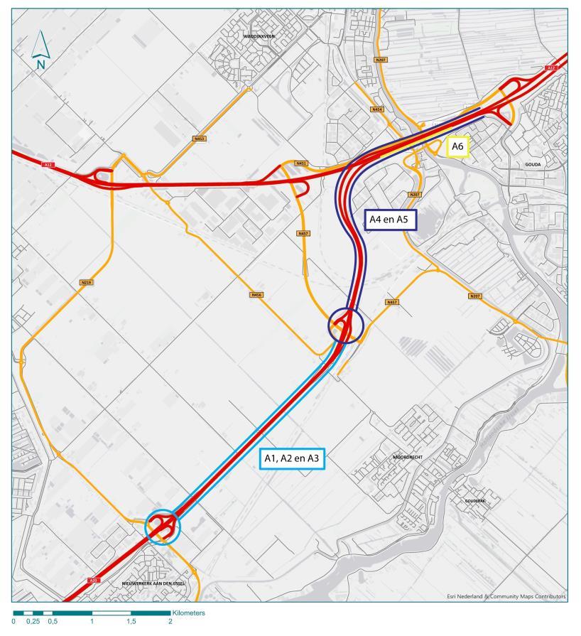 Spitsstrook A20 Moordrecht A12 Gouda (twee richtingen). A5. 2x3 A20 Moordrecht A12 Gouda (twee richtingen). A6. 5e rijstrook in het Gouwe-aquaduct (richting Utrecht).