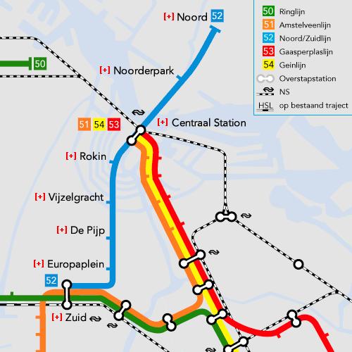 Trajectkaart Noord/Zuidlijn bron: gemeente Amsterdam De Noord/Zuidlijn heeft ruime bedieningstijden en hoge frequenties.