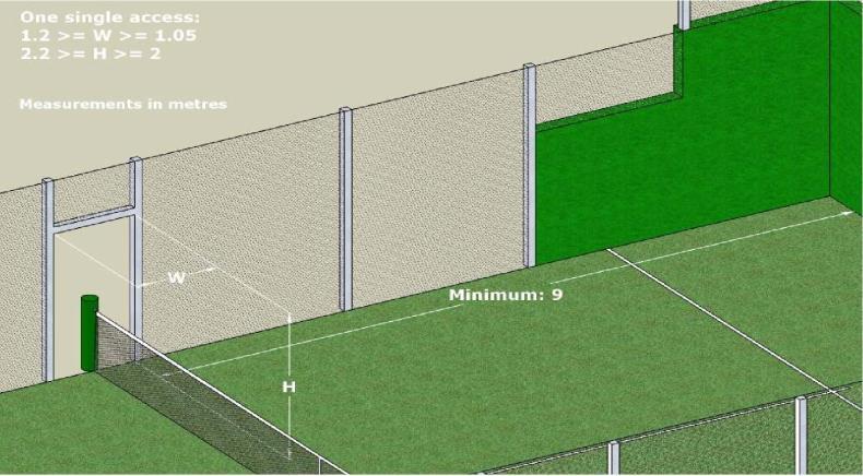2.6 Toegang tot het veld De toegang tot het veld is aan de zijkant en in het midden van het veld en dient symmetrisch met het net te lopen.
