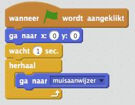 Script van de pijl: 1.1. Als sprite1 kiezen we het pijltje uit de spritebibliotheek. Bij Uiterlijken kiezen we voor de pijl die naar boven wijst. 1.2 Bij Beweging nemen we het blokje ga naar muisaanwijzer.