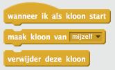 Laat de ballon ontploffen (deel 2) https://scratch.mit.edu/projects/194087141/ 4.1 Klonen: Bij Besturen vind je drie blokjes die we kunnen gebruiken als we een sprite willen klonen. Wat is een kloon?