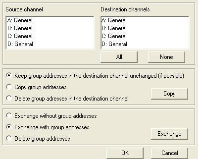 ABB i-bus KNX 3.1.2.2 Dialoog Copy/exchange channels (kanalen kopiëren/omwisselen) Linksboven ziet u het keuzevenster Source channel (bronkanaal), waarin u het bronkanaal kunt markeren.