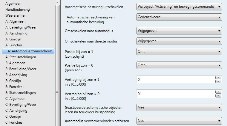 ABB i-bus KNX 3.2.5.4.2 Parametervenster A: Automodus zonnescherm In dit parametervenster worden alle instellingen voor de automodus zonnescherm opgegeven.