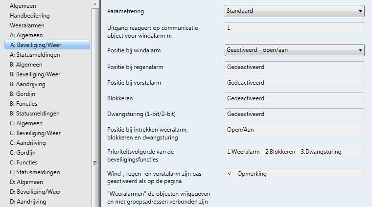 ABB i-bus KNX 3.2.6.1 Parametervenster A: Beveiliging/Weer In dit parametervenster worden alle instellingen voor de functie Beveiliging/Weer opgegeven.