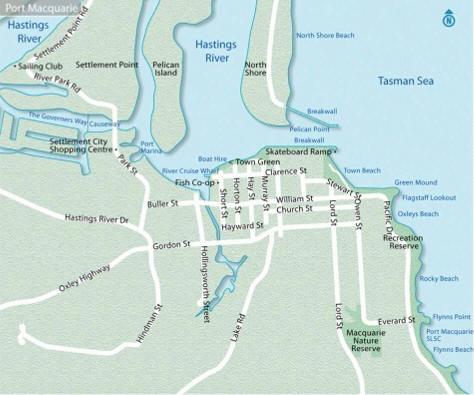 Port Macquarie Port Macquarie, aan de oostkust van Australië, ligt aan de monding van de Hastings rivier op een kleine 420 km ten noorden van Sydney en 570 km ten zuiden van Brisbane.