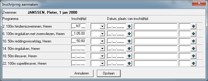 In het dialoogvenster wat nu verschijnt, kunt u de sporter inschrijven voor de individuele onderdelen. U hoeft alleen getallen in te voeren, geen punten of komma s.