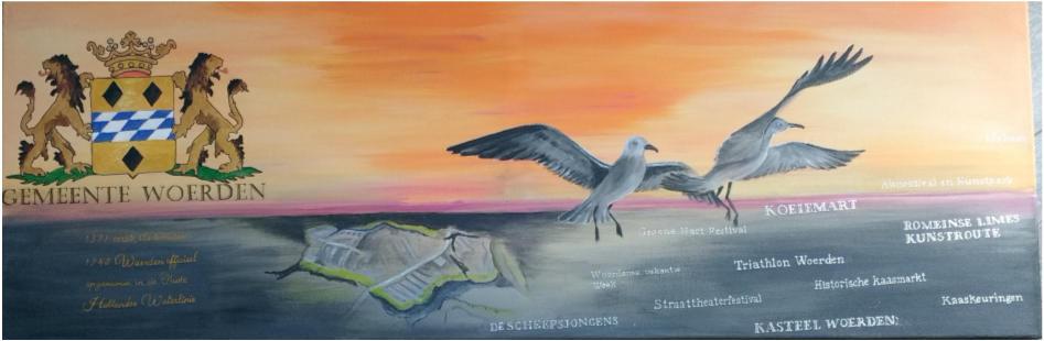 Yvonne Koekoek Titel: Woerden in vogelvlucht. Acryl op doek, 40 x 120 cm. Ik was bezig met een opdracht "avondlandschap" toen deze prijsvraag in beeld kwam.